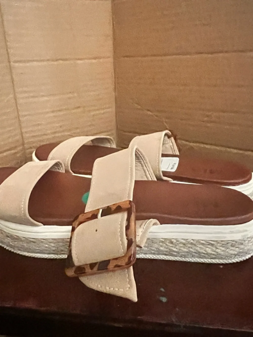 MIA Tan Double-Strap Slide Sandals with Buckle Accent - Picture 3 of 14